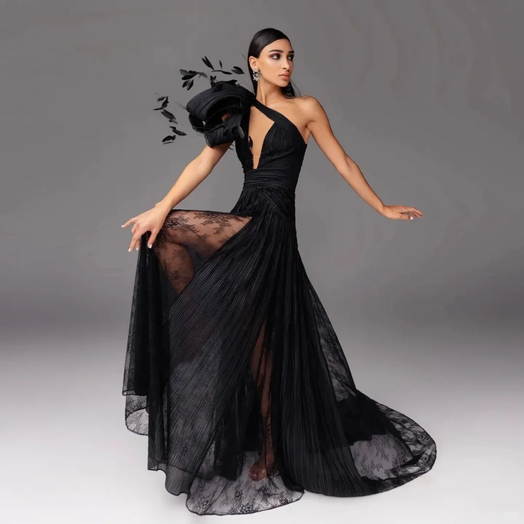 Sexy Black Chiffon Prom Gown One Shoulder vestido de festa Long Prom Gowns Feather Boho Style Maxi Dresses High Split