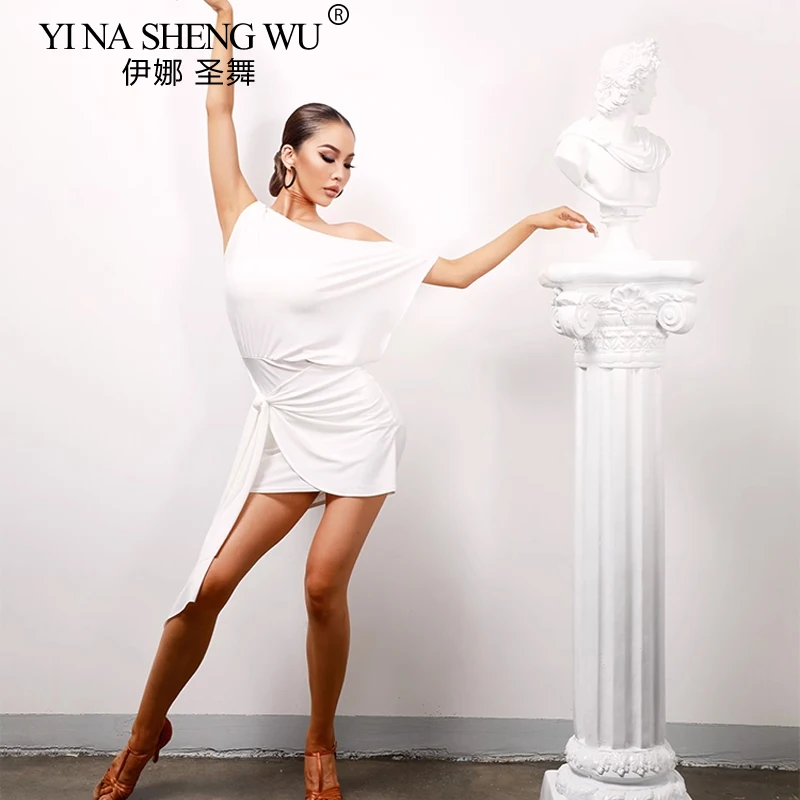 فستان رقص لاتيني للسيدات مثير بحمالات كتف قطرية فستان غير متماثل احترافي للرقص اللاتيني السالسا رومبا ملابس ممارسة الرقص