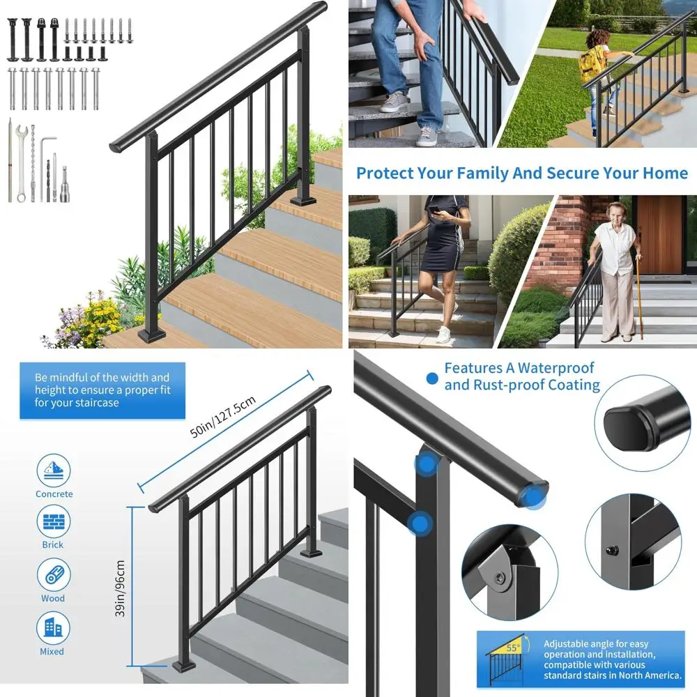 ترقية مجموعة درابزين الدرج الخارجية - درابزين قابل للتعديل بأربعة خطوات، سهل التركيب بنفسك، حديد أسود، متانة تدوم طويلاً #1