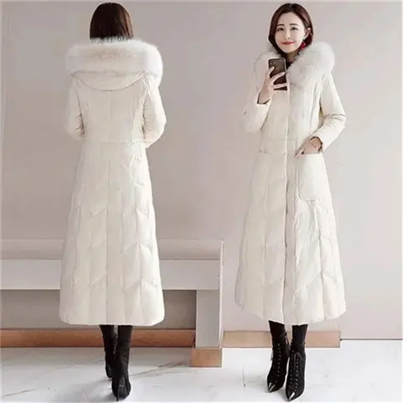 Down Cotton Jacket Women\'s Long 2023 Winter Outfit Slimming Down Looking Slimmer Over the Knee Large Wool Collar Cotton Jacket