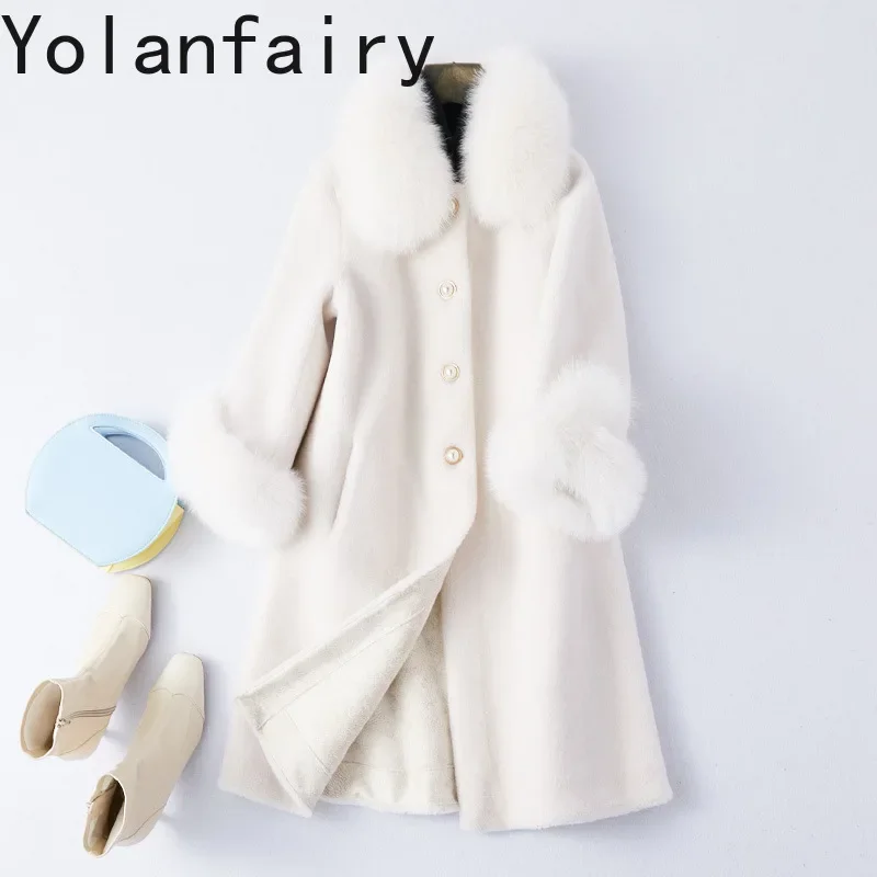 

YOLANFAIRY Real Wool Clothes for Women Fur Outwears Womens Casual Winter Long Shearling Coat Fashion Fox Collar Coats New Casaco