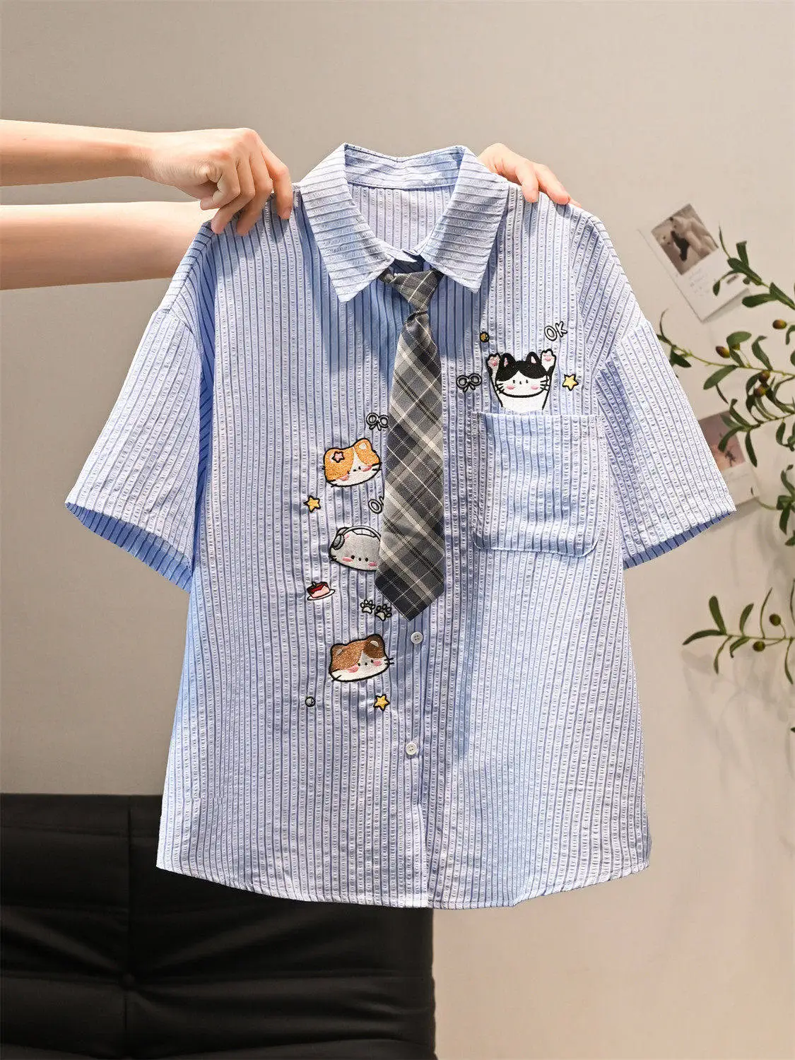 Sweet Harajuku Couples Retro American Cartoon Blouses Striped Shirt Women Detachable Plaid Necktie College Short Sleeve T-shirt