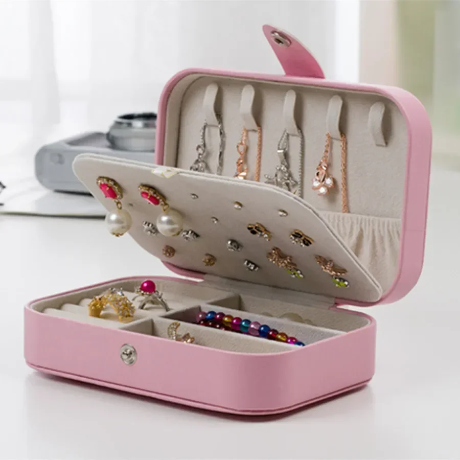 Portable Jewelry Casket Jewelry Organizer Display Travel Jewelry Case Boxes Button Leather Storage Earrings Ring Box