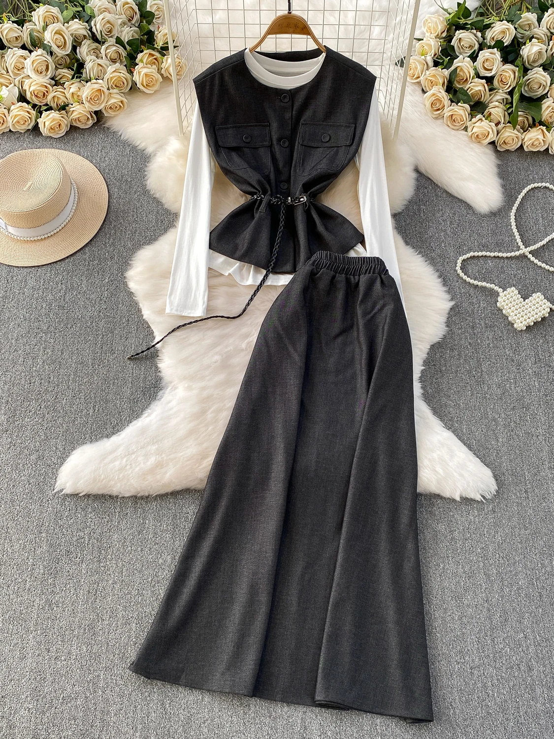 

Винтажный топ с завязками на талии для похудения + цветная основа irt + джинсовая юбка средней длины, комплект футболок, модный комплект для поездок на работу, с...