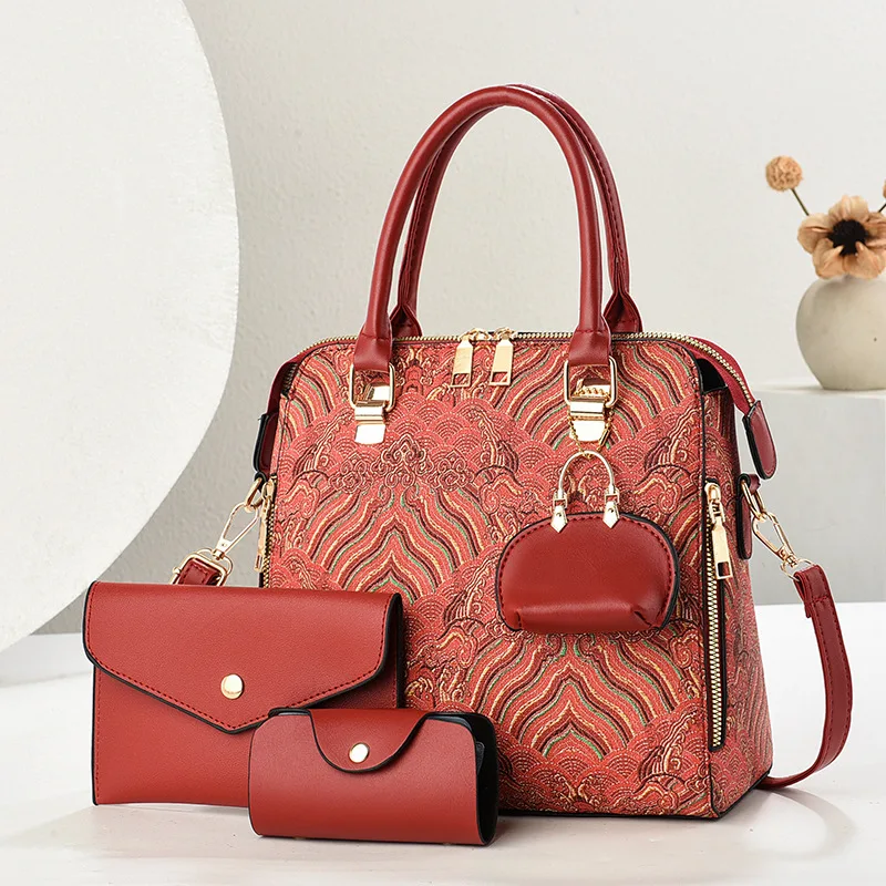 

Женская большая сумка из искусственной кожи, элегантная сумка большой емкости с вышивкой и кошельком, набор из 3 предметов