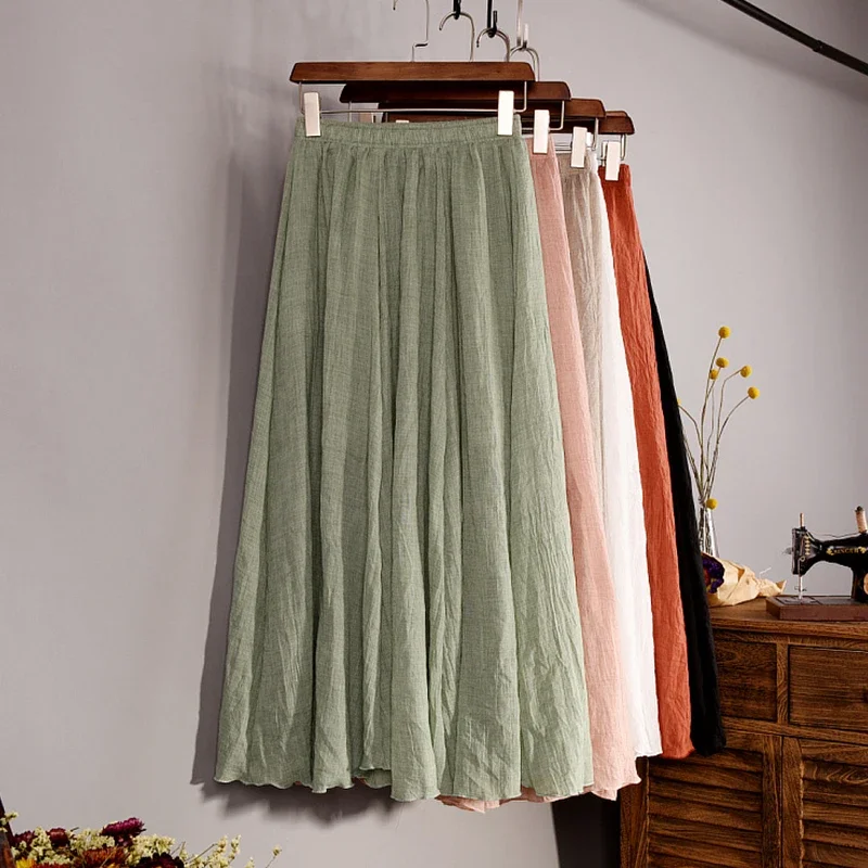 Summer Elastic Waist  Girls Boho Beach Skirt Vintage Solid Pleated Long Skirts Cotton Linen Maxi Skirt for Women A-Line Skirt