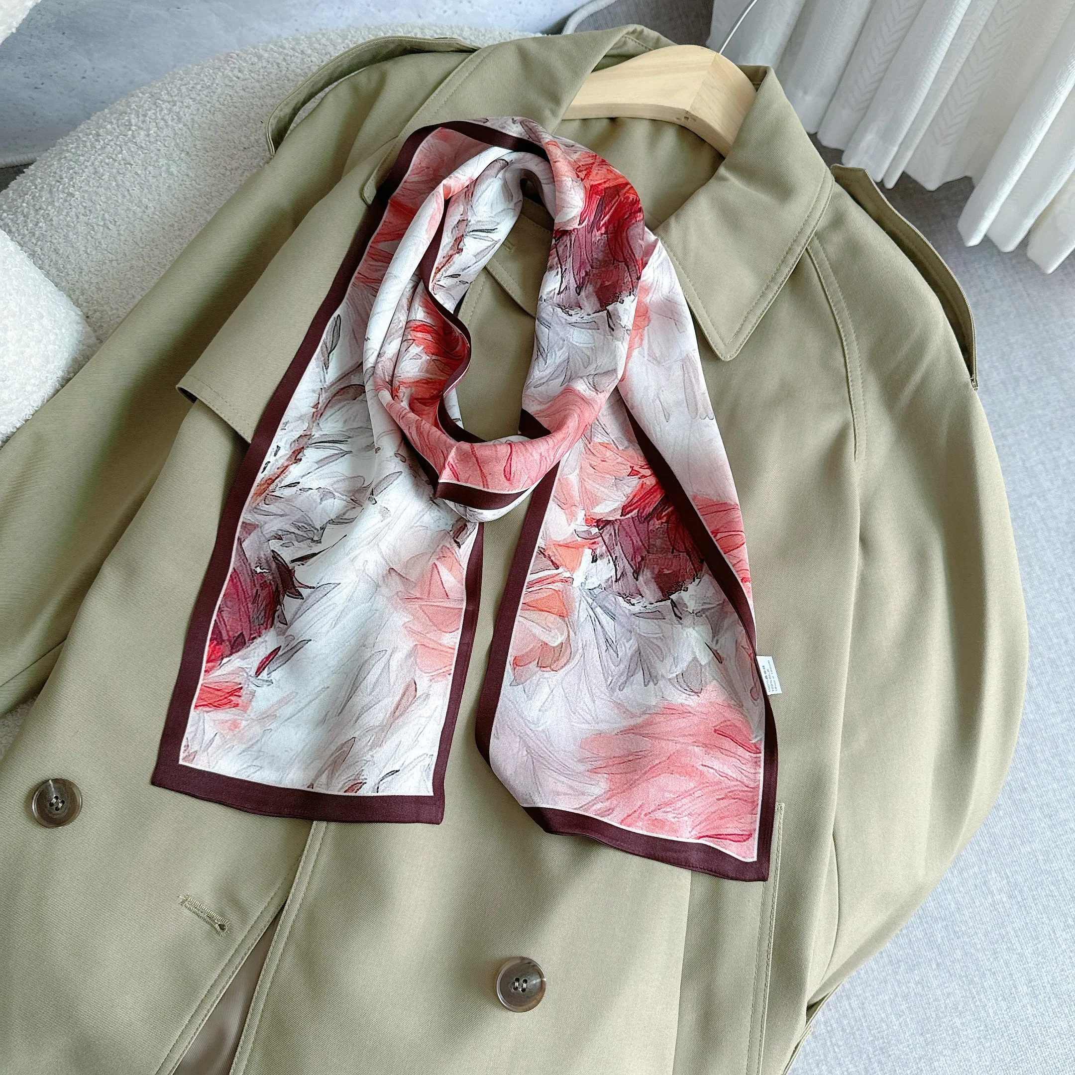 موضة النبيذ الأحمر الحرير وشاح للرقبة الراقية وشاح حريري طويل وضيق 100% الحرير الطبيعي العصابات الشعر للفتيات الشريط للشعر