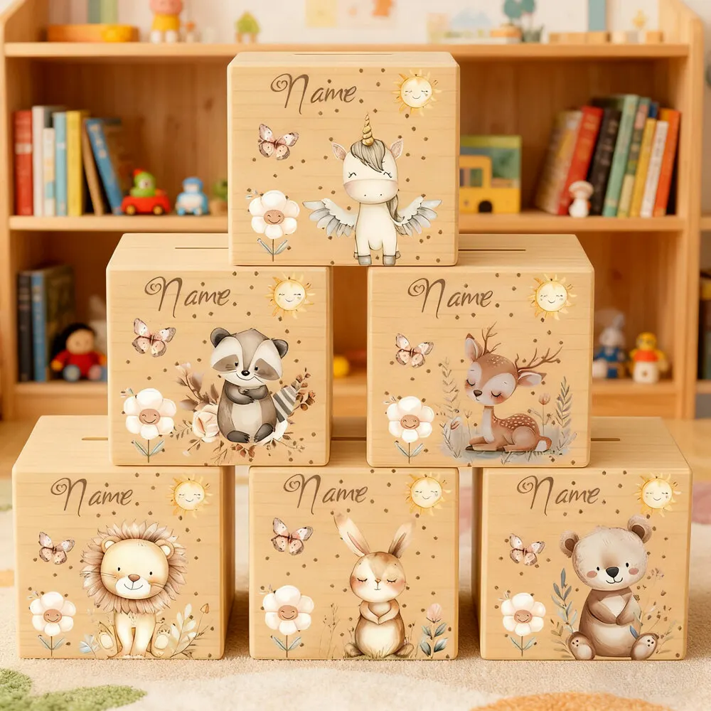 Image of Personalisiertes Sparschwein mit Namen, Kinder-Münzbank, Holz-Sparschwein, Geschenk für Kinder, Weihnachtsgeschenk, Kinderzimmer-Dekoration, Spardose für Kinder