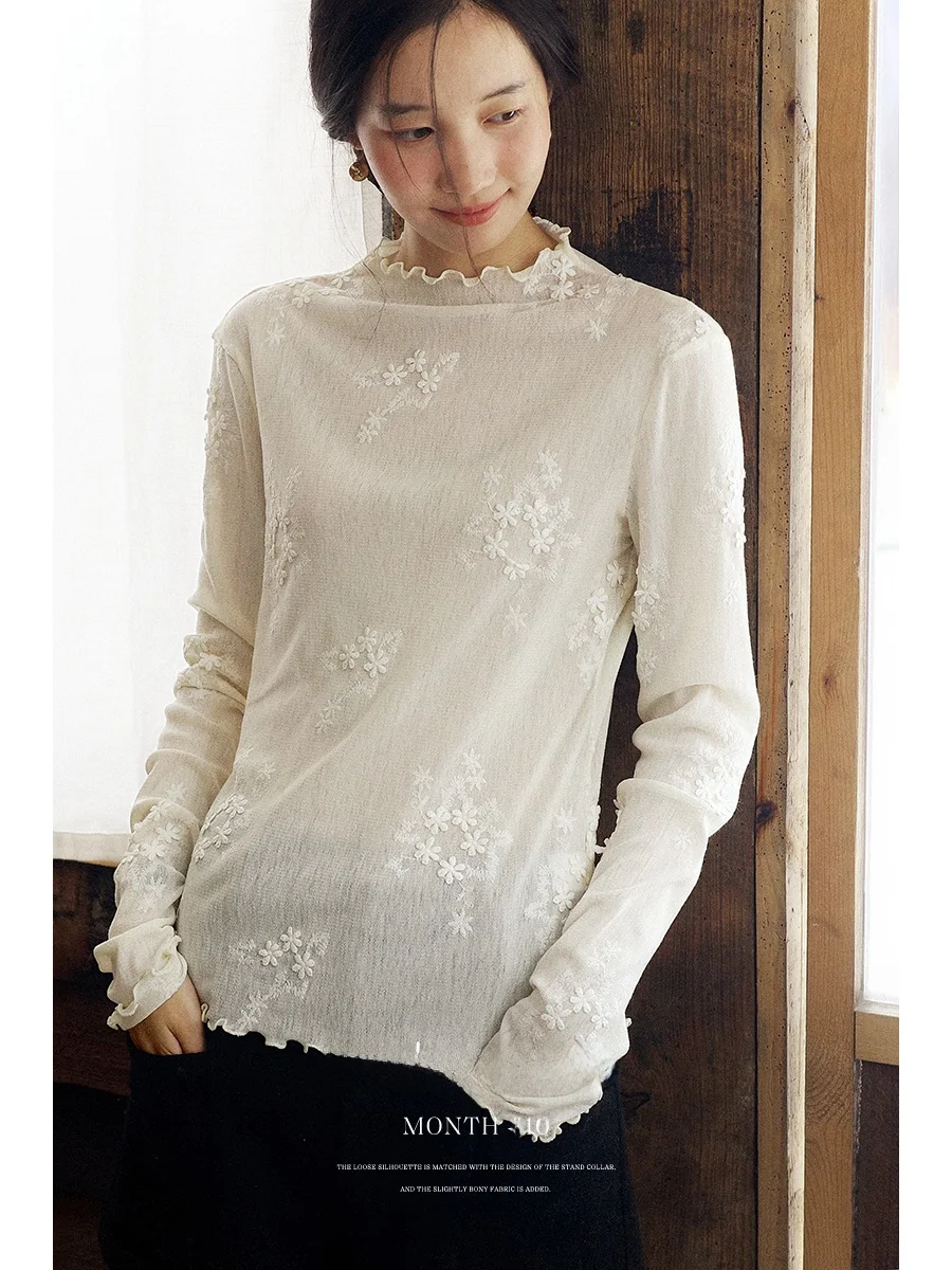 

Lalaglow Snowflake Milk Foam Embroidered Base irt Women's Semi High Collar Versatile Top Texture Sensation 3D Flower Design