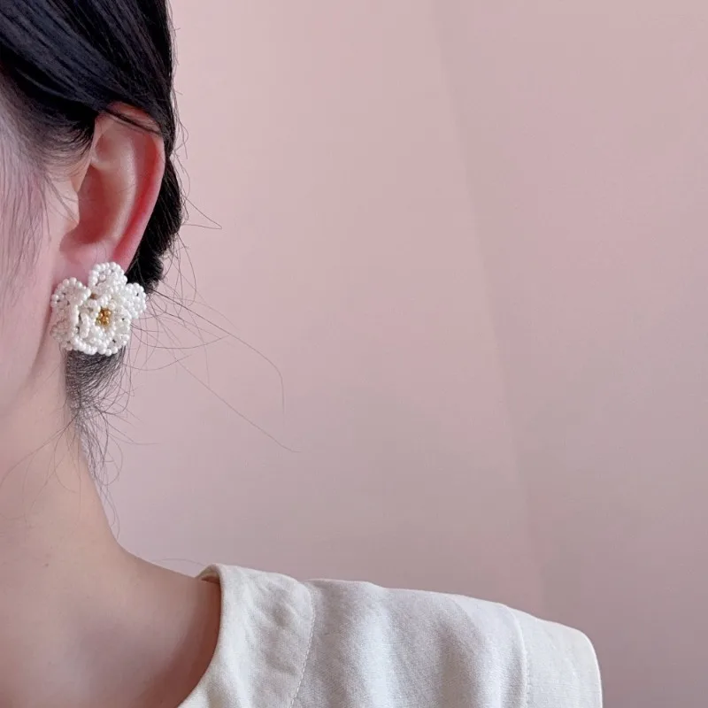 Minar Elegant Simulated Pearl Beads Strand Knitted Flower Camellia Dangle Earrings for Women Real Gold Plated Copper Jewelry view 4