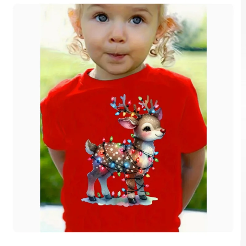 Cute Christmas Short-Sleeve T-Shirts with Cute Animal Prints for Kids, Festive Apparel for Boys and Girls