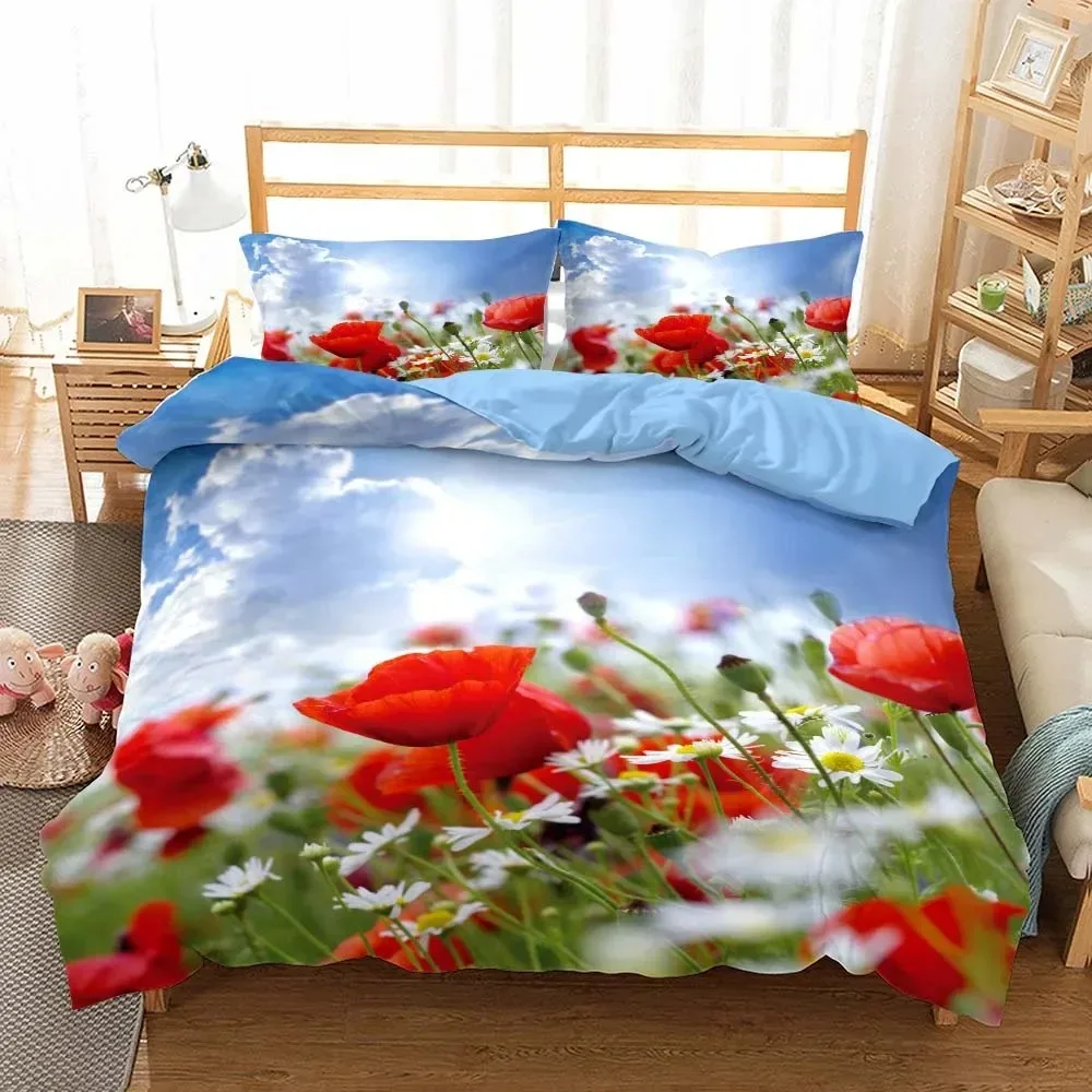 Poppy Flowers Bedding Sets Printed Jacquard Weave Bed Cover with Pillowcases Bedclothes Bedroom Comforter Set King Size Luxury