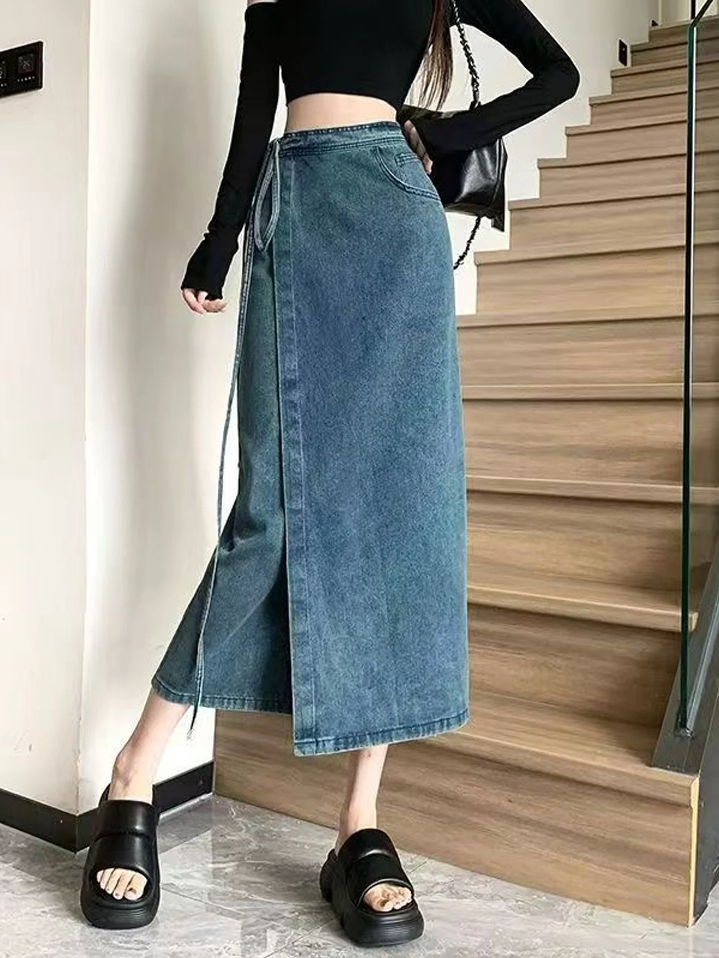 American Retro High Waist Denim  Skirt Women's Fashion Design Loose Slimming Long Split Skirt Casual High Waist Denim Skirt