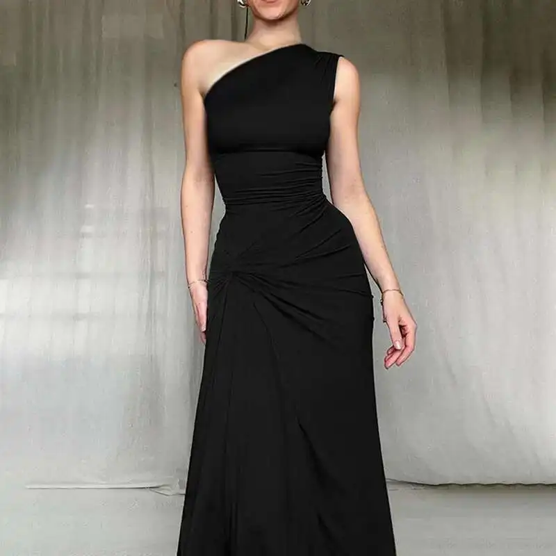 

Hot Selling Xy25070 Slant Collar Single Room Dress 2025 Summer Collection Waist Dress Split Skirt Dress Robe Vestido Women