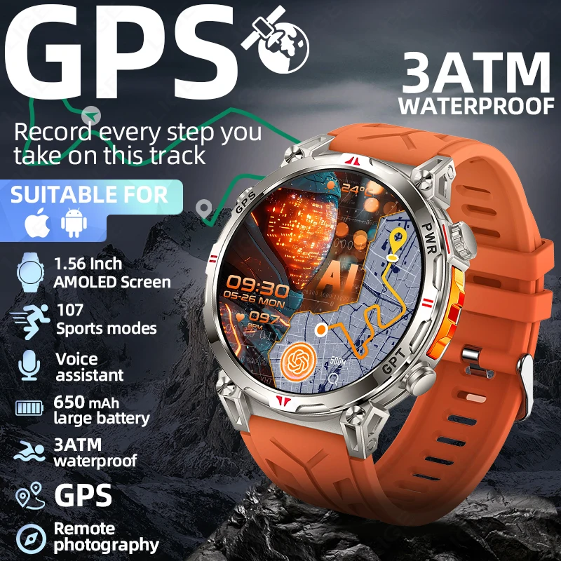 LIGE Smart Watch GPS Professional Sports Men AMOLED Full-Touch Screen 650mAh Battery 3ATM Waterproof Heart Rate Call Smartwatch