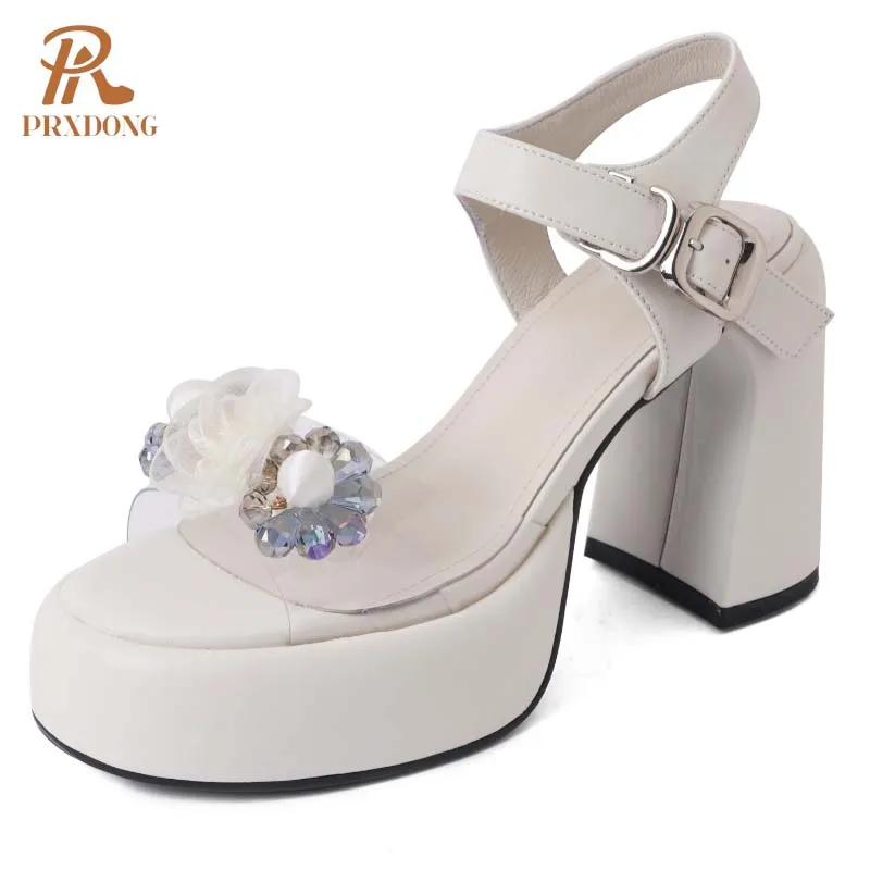 PRXDONG-Chunky High Heels for Party, Lady Pumps, Bombas, Sandálias, Plataforma, Flores, Preto, Bege, Clássicos, Verão, Casamento, Novo, 2022