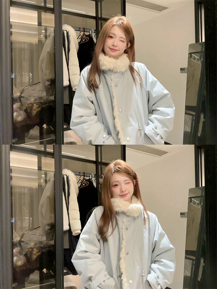 

Korean High-End Blue Fur Collar Cotton Jaet Women's Thi Warm Stand Collar Coat Autumn Winter Design Sense Topwear