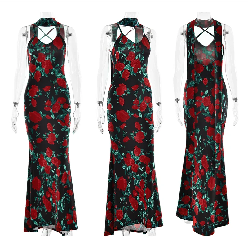 CGS-robe Maxi moulante pour femmes, bretelles d'été, imprimé Floral, moulante, soirée, Club, dos nu