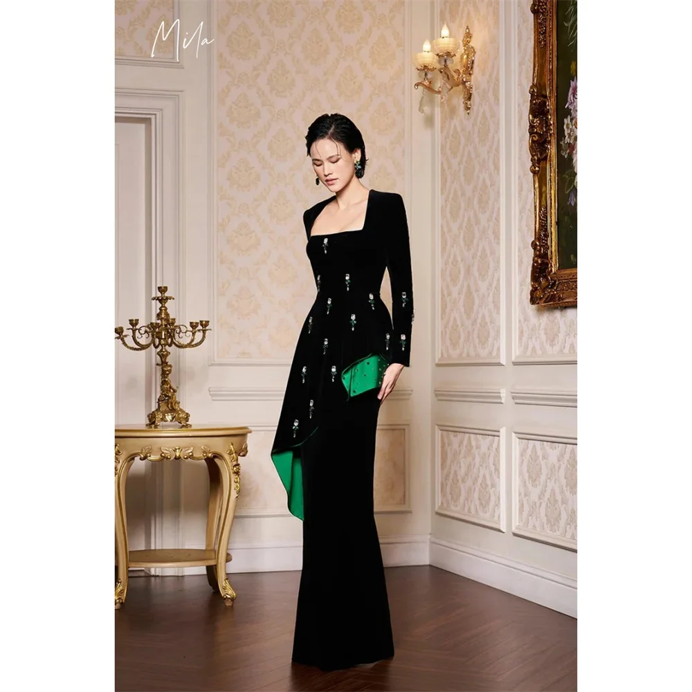 

Mila Square Collar Long Sleeve Embroidery Prom Dresses Back Split Customized Evening Woman Dresses Floor-Length vestidos de gala