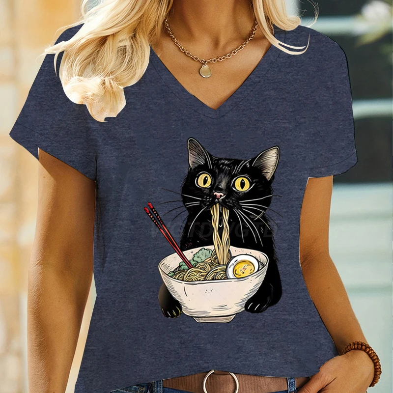 Kawaii Cat Eating Noodle Printed T-shirt Women Ramen Lovers V-neck Casual Tops Japanese Food Cute Cat Lovers Women's Clothing