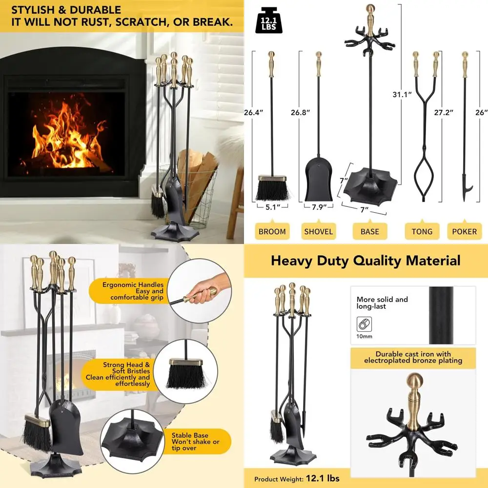 

Набор инструментов для камина из античной бронзы из 5 предметов с латунными ручками: аксессуары из кованого железа, включая покер, щипцы, лопатку и кисть.