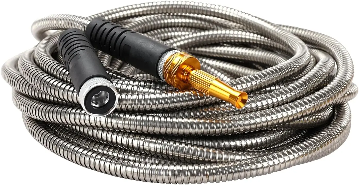 

Садовый шланг из нержавеющей стали 5/8 дюйма x 50 футов - не мнется, легкий, прочный, с металлическим наконечником