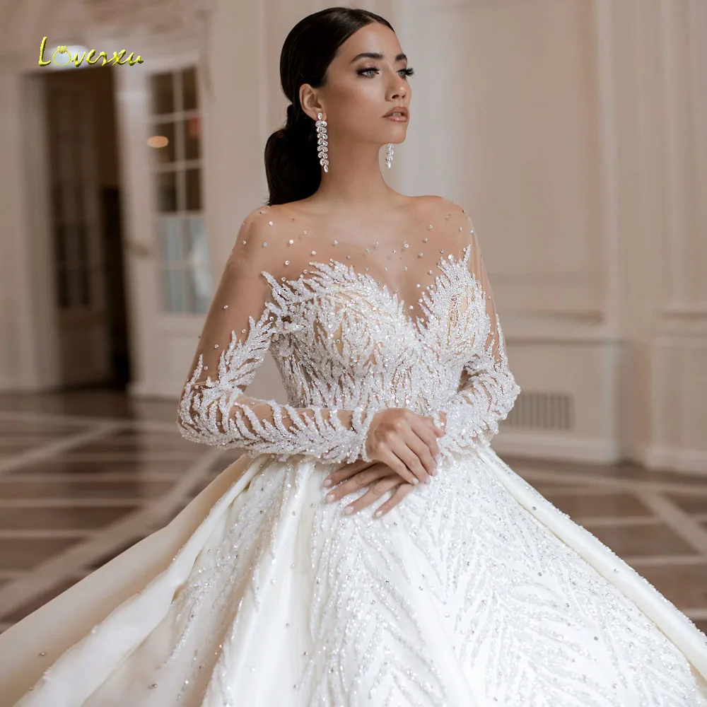 Loverxu Ballkleid Glänzende Brautkleider Oansatz Langarm Vestido De Novia Spitze Perlen Pailletten Luxus Nach Maß Brautkleider