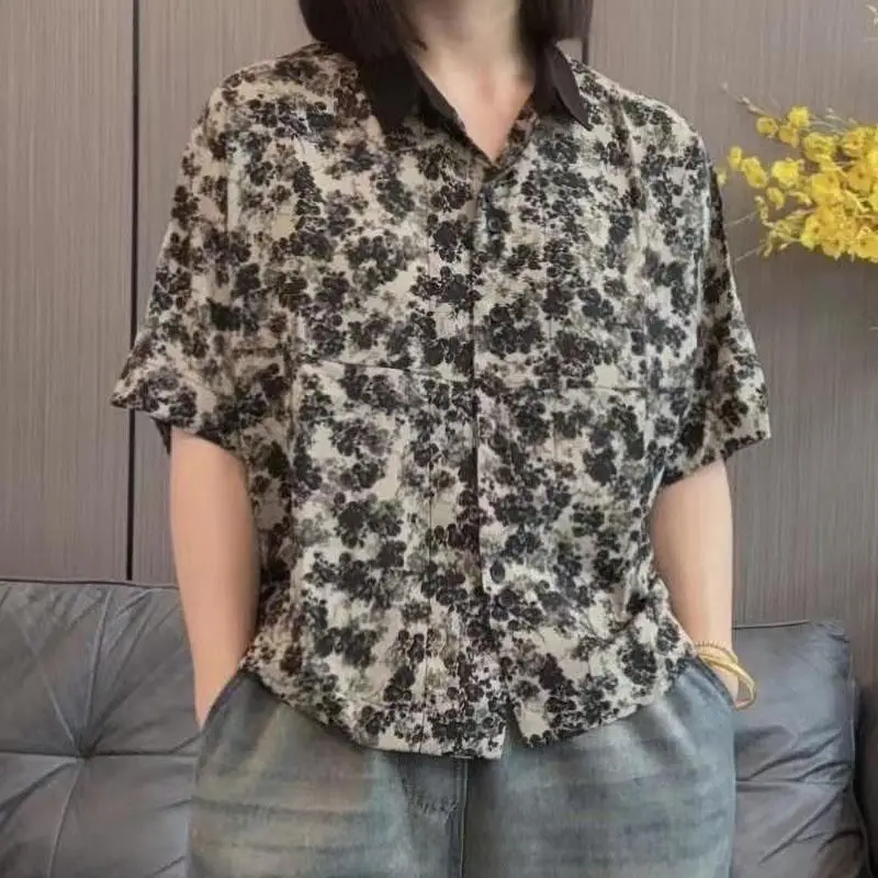 

Рубашка с цветочным принтом, свободная повседневная стильная тонкая универсальная рубашка в стиле ретро в гонконгском стиле с летучей мышью
