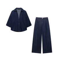 Fashion Denim Women 2 Piece Sets High Waist Wide Leg Pants Set Casual Loose Long Sleeved Shirt Top Sets For Women 2 Pieces