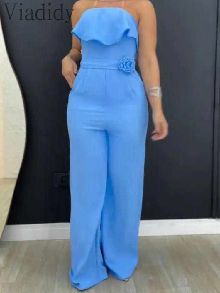 Elegante effen kleur bandeau mouwloze gebonden detail ruches romper jumpsuit voor dames