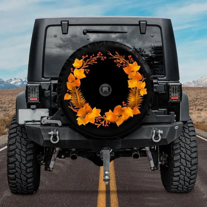 Autumn Wreath Spare Tire Cover, Backup Camera option, Fall Spare Tire Cover, Autumn Car Accessories for jeeps, Rear camera tire