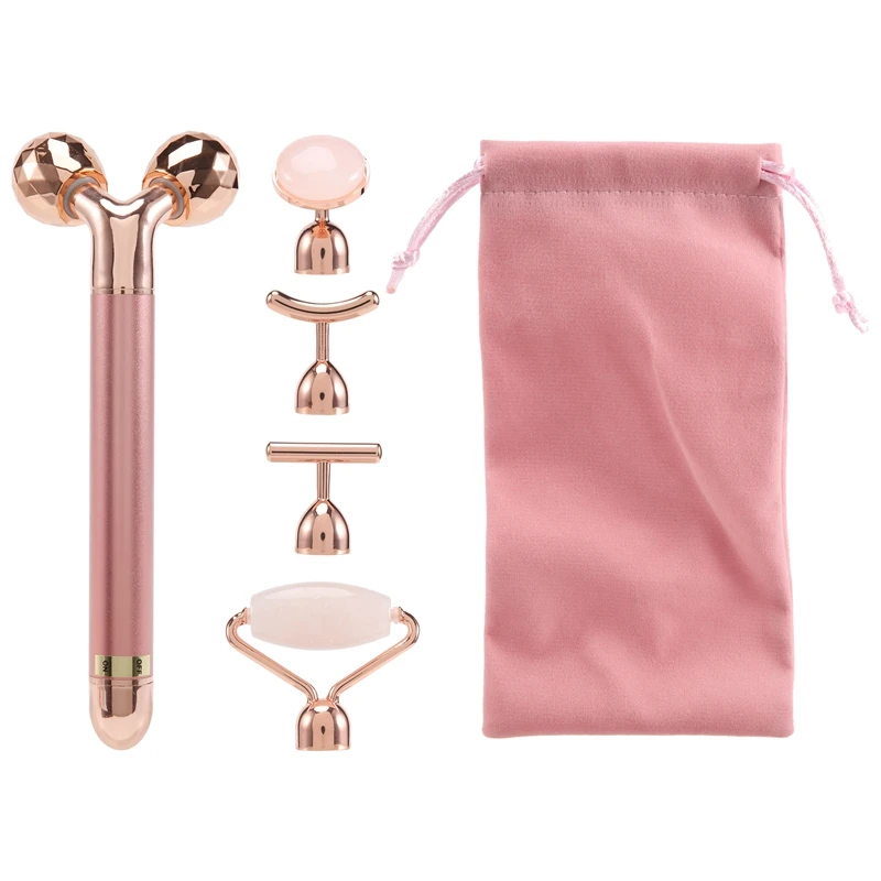 5-in-1 24K Gold Beauty Bar Gesichtsmassagegerät Elektrischer Rosenquarz 3D Roller Facelifting Körper Gesichts Gua Sha Jade Roller