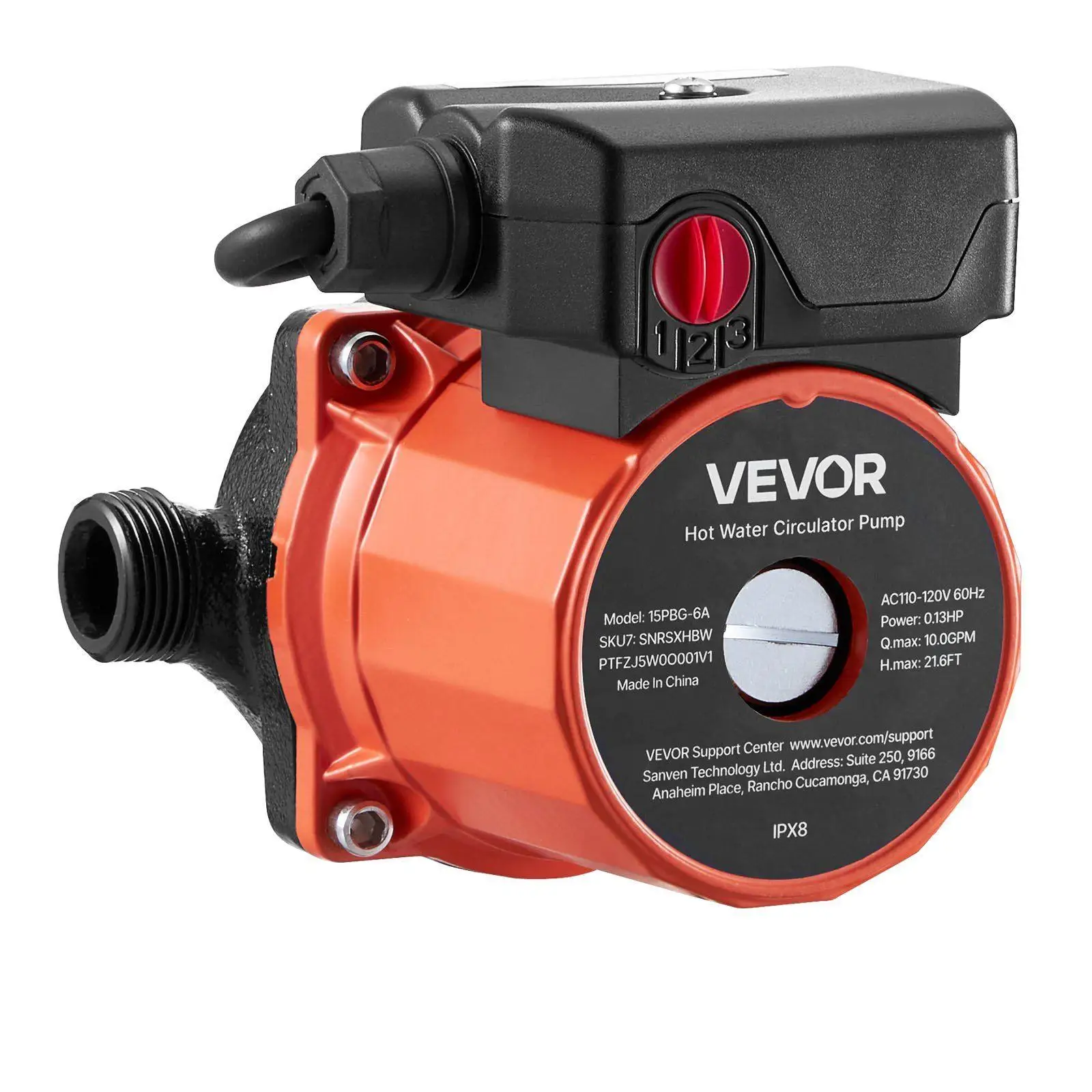 

0.13HP Instant Hot Water Recirculator Pump 10GPM 3-Speed 110-120V Cast Iron 3/4x1/2in NPT Integrated