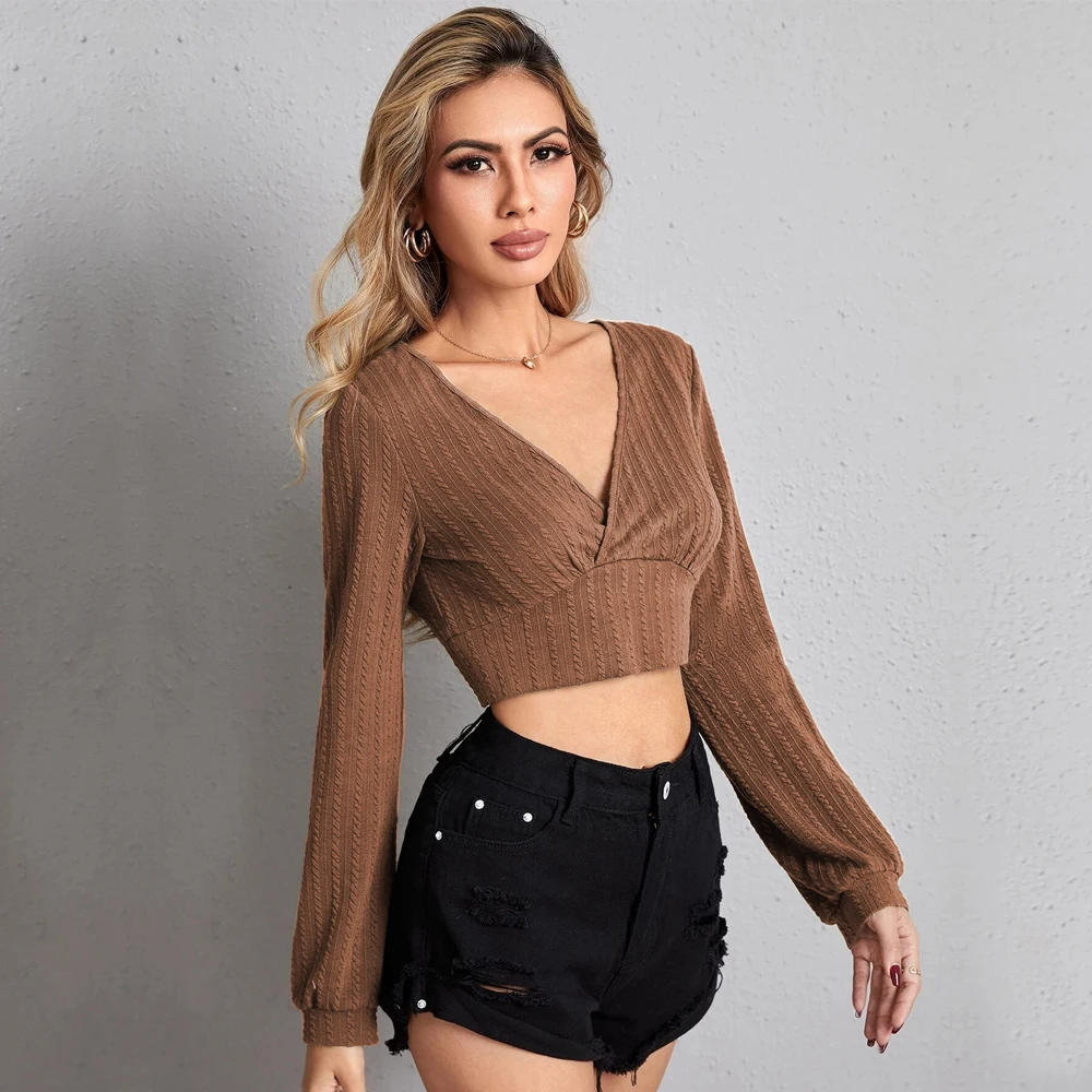 

Women Casual V-neck Fried dough twist fabric Long Sleeve T-shirtSpring and summer Sexy Club Solid Off Thin Crop Tops Shirt