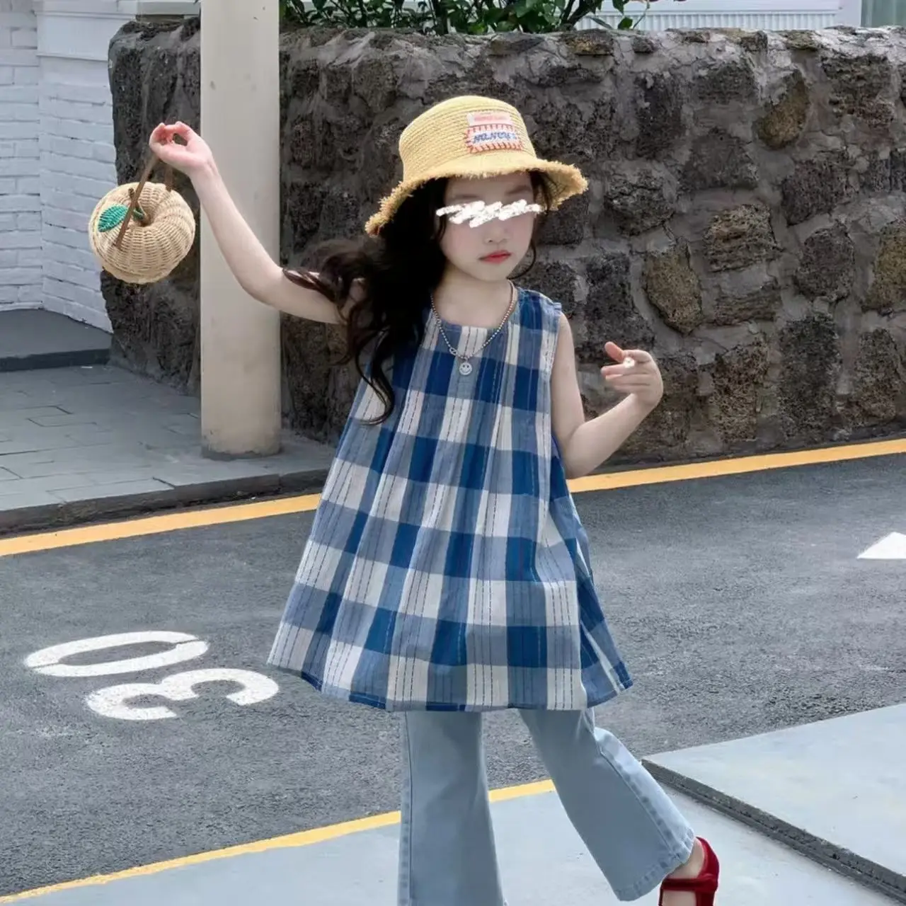 2026 Summer Style Girls' Fresh And Stylish Plaid Vest Skirt Fashionable And Versatile Denim Bell Bottom Pants
