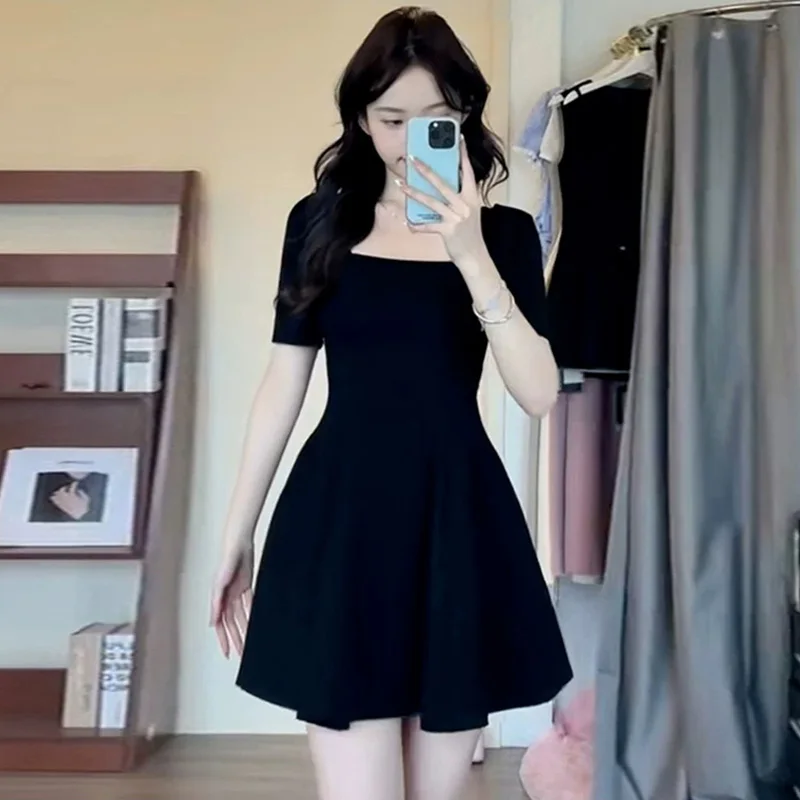 Elegant Black  Dress Women's Summer New Style Square Collar Waist Cinched Slimming Short A-Line Skirt Hepburn Style Pure ...