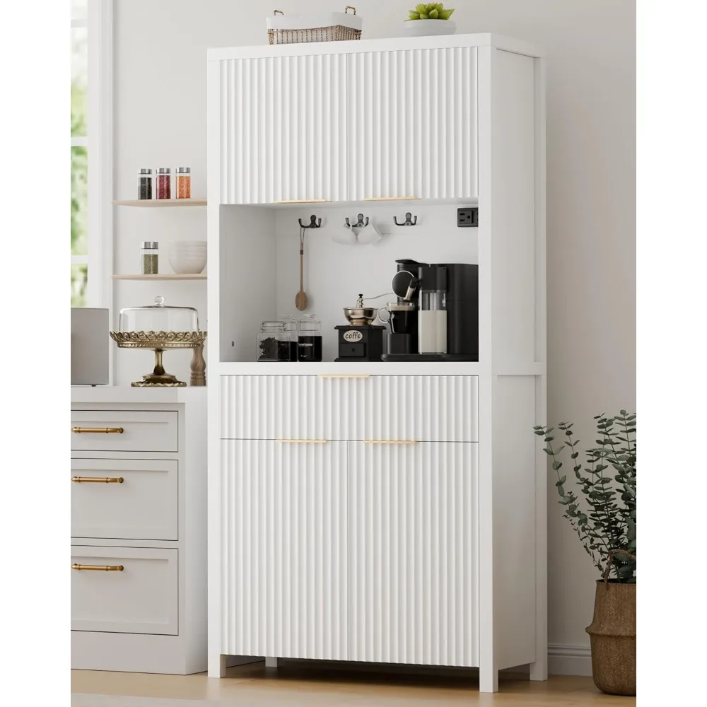 

White Fluted Pantry Cabinet with Charging Station, Adjustable Shelves, Spacious Kitchen Storage Organizer with Open Count