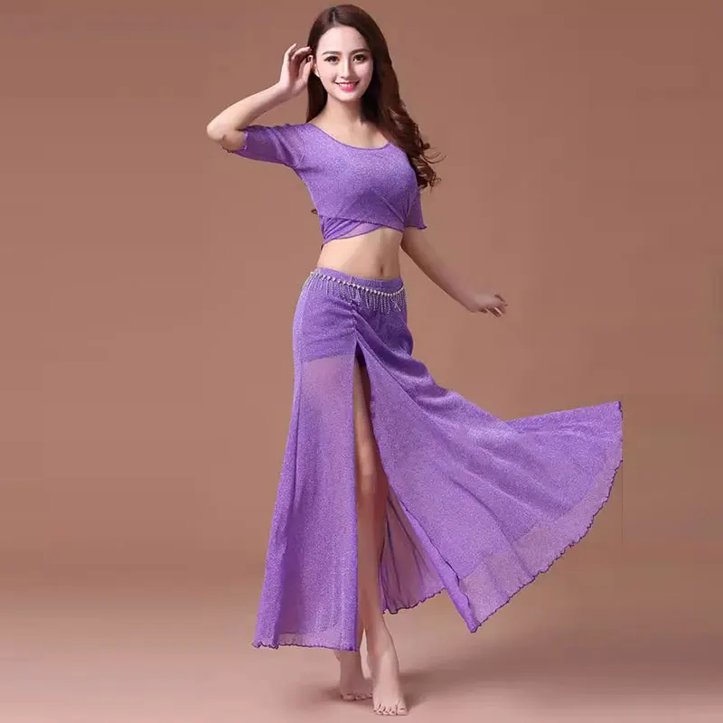 Elegante Malha Top e Saia de Fenda, Dança do Ventre, Traje de Dança, Roupa de Prática de Lição, Roupas de Dança do Ventre