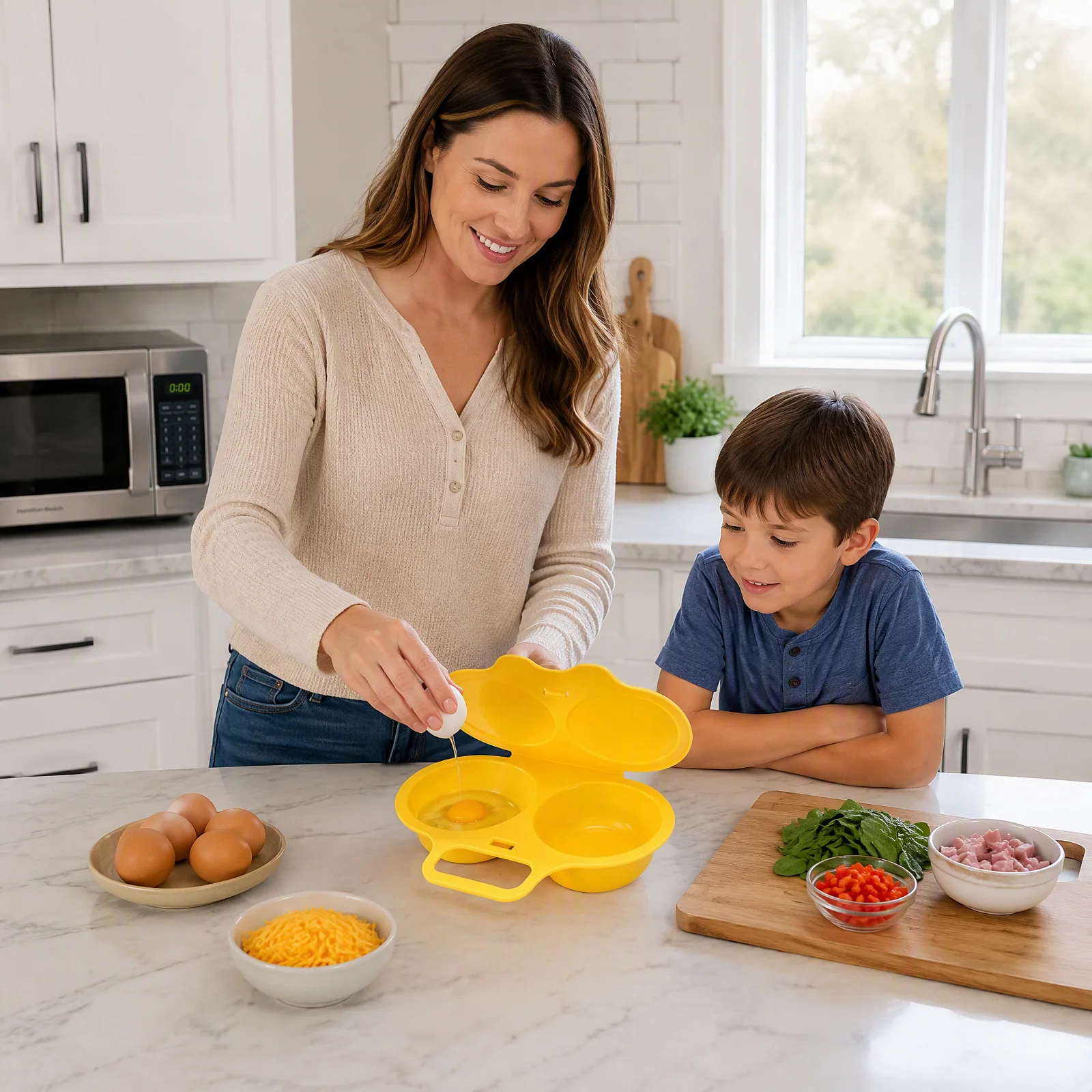 Food Grades Plastic Microwave Egg Cooker Dual-Cavity Microwave Egg Poacher with Lid Heat Resistant& Non-Stick Oil-Free Eggs Tool