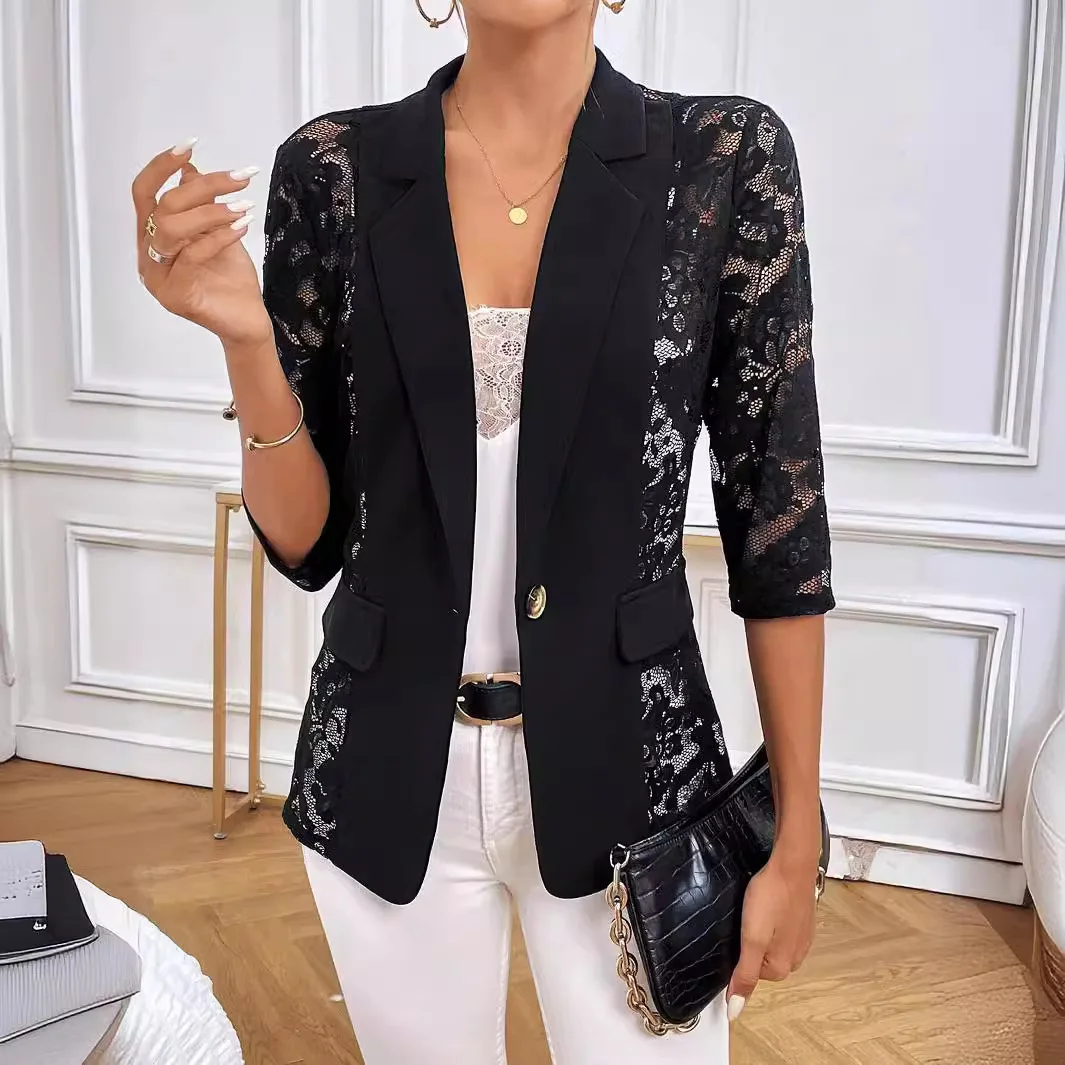 2025 Spring New Elegant Solid Color Fashion Lace Splicing Small Blazer Women's Tops Жакет Женский