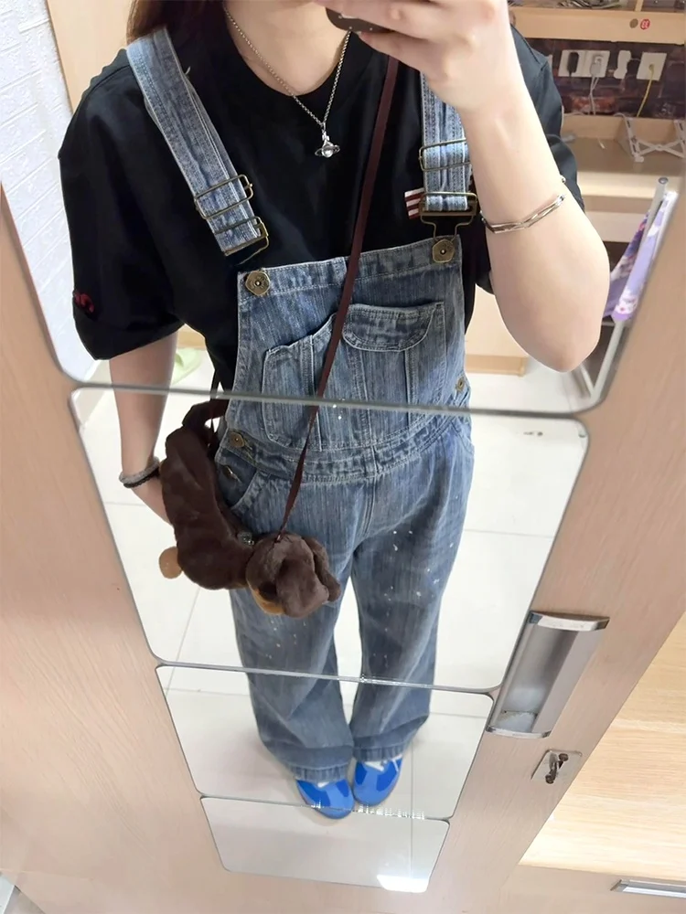 

Американский комбинезон с широкими штанинами, женские летние маленькие размеры, новая винтажная рабочая одежда, джинсовые комбинезоны с нагрудником, повседневные джинсы с высокой талией