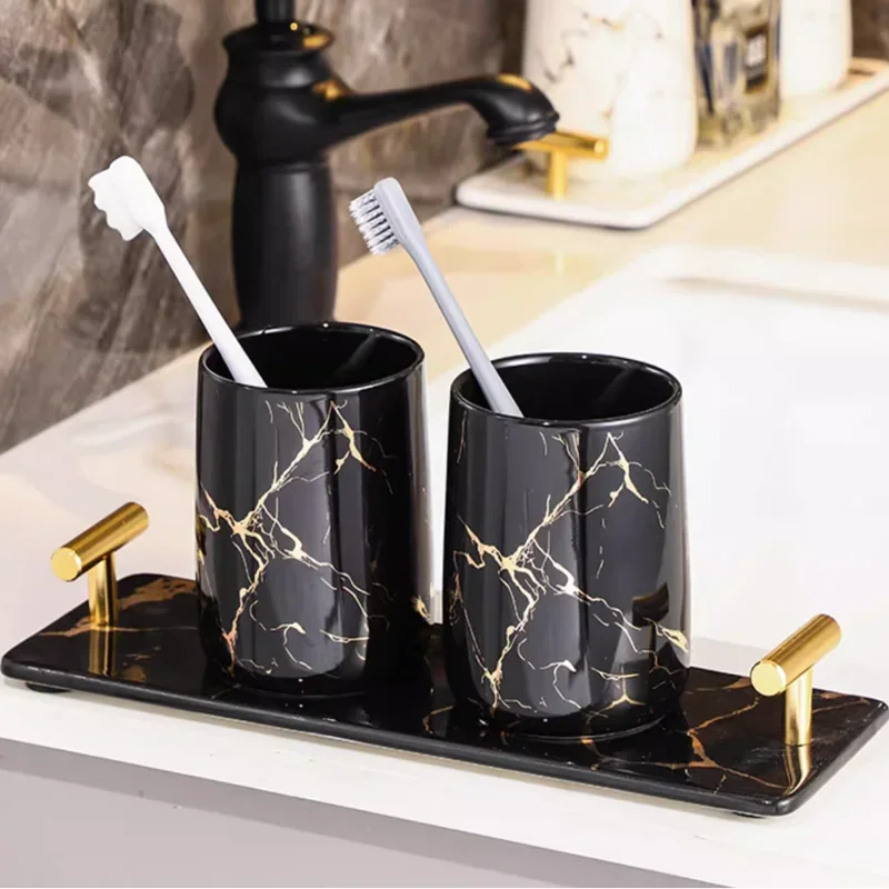Ceramic Soap Dispenser, Bathroom Supplies, Shampoo Dispenser, Lotion Bottle, Household Mouthwash Cup, Tray, Three Piece Set