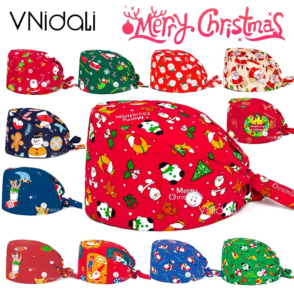 100% Cotton Christmas Printed Scrub Surgical cap Nursing Hat Lab Pet Clinic Dental Medical Beauty Salon Spa Nurse Scrubs Caps