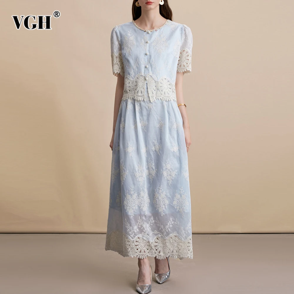 

VGH Кружевные комплекты из двух предметов во французском стиле для женщин, топ с круглым вырезом и короткими рукавами, длинная юбка с высокой талией, элегантный комплект, женский новый