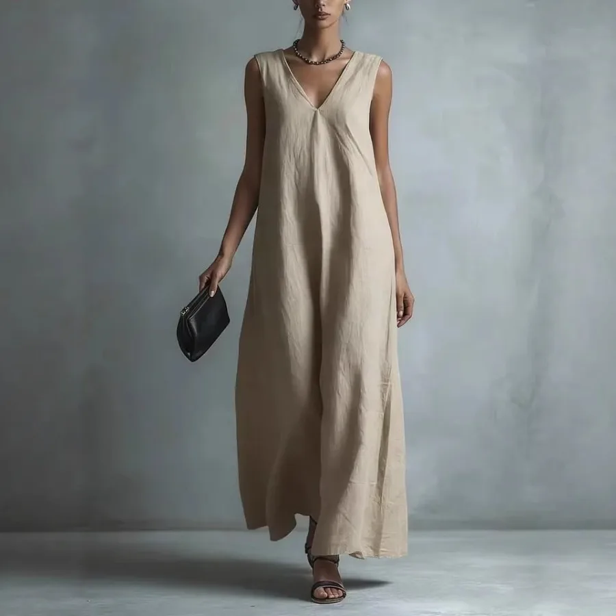 【Nuevo estilo】2026 Vestido informal de lino y algodón sin mangas con cuello en V para mujer, estilo europeo y americano, novedad