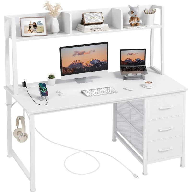 

White Computer Desk with Hutch & Drawers - Office Desk with 3 Storage Drawers and Power Outlets, 47 Inch Modern Study Writing