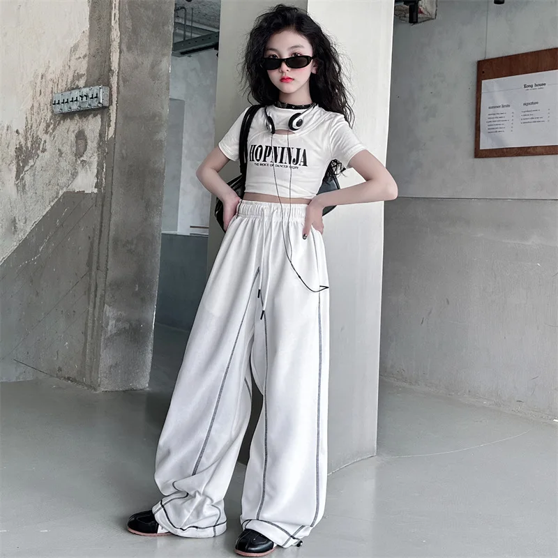 Summer teen girl Hip Hop Jazz Street Dance Costume suit Cool Print Hollow short T-shirt+Casual Sports Pants Set child outfits 14