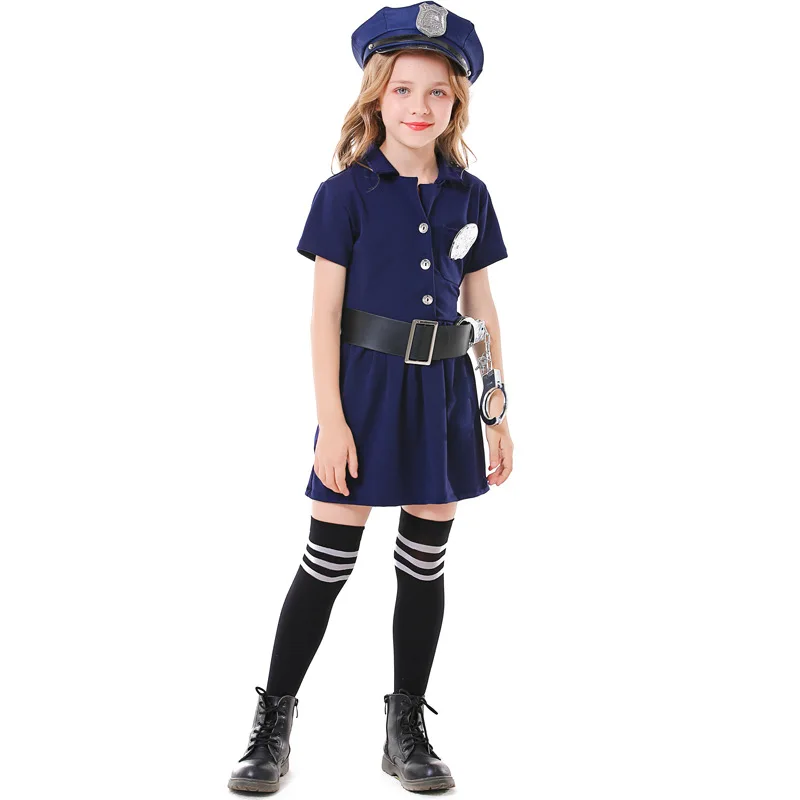 

New children's Halloween cosplay parent-child professional experience costume blue button policewoman dress party costume