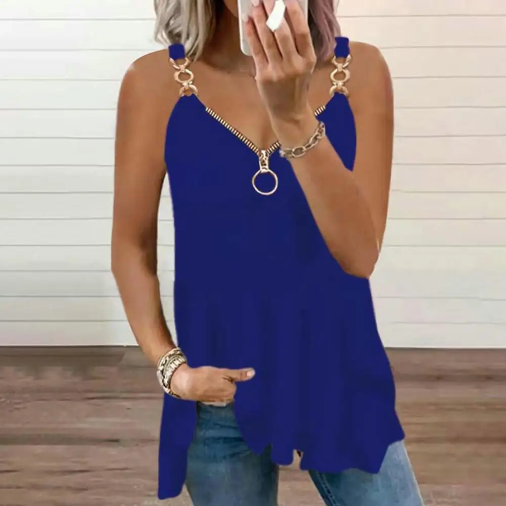 Women Summer Casual Blouse Sleeveless Sling Top Chain Shoulder Straps Loose Backless Milk Silk Solid Color Vest Top Streetwear