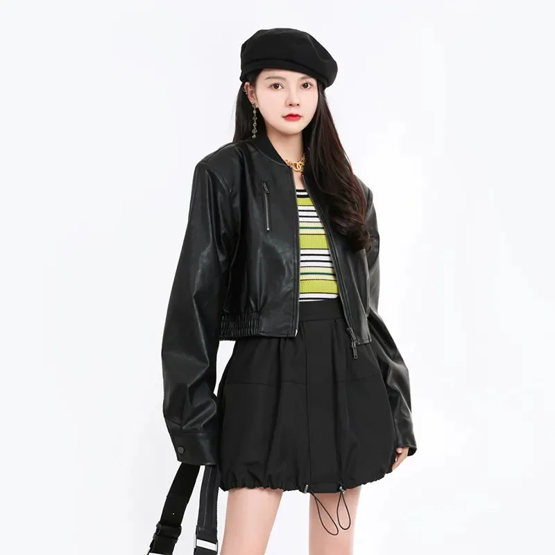 Femmes coréennes mode Faux cuir haut 2025 dames manches longues veste en cuir PU printemps automne femme décontracté court manteau en cuir